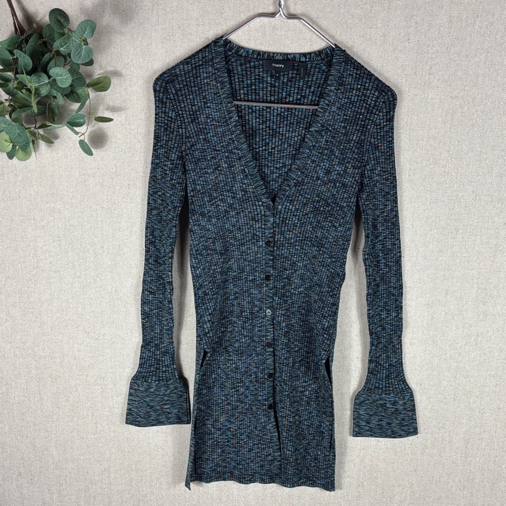 Theory > Space Dye Trumpet Sleeve Side Slit V Neck Button Down Cardigan Small